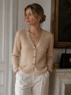 Vintage 1970s Celine Paris Wool Cardigan Sweater Size 44 Cream Beige Gold Button